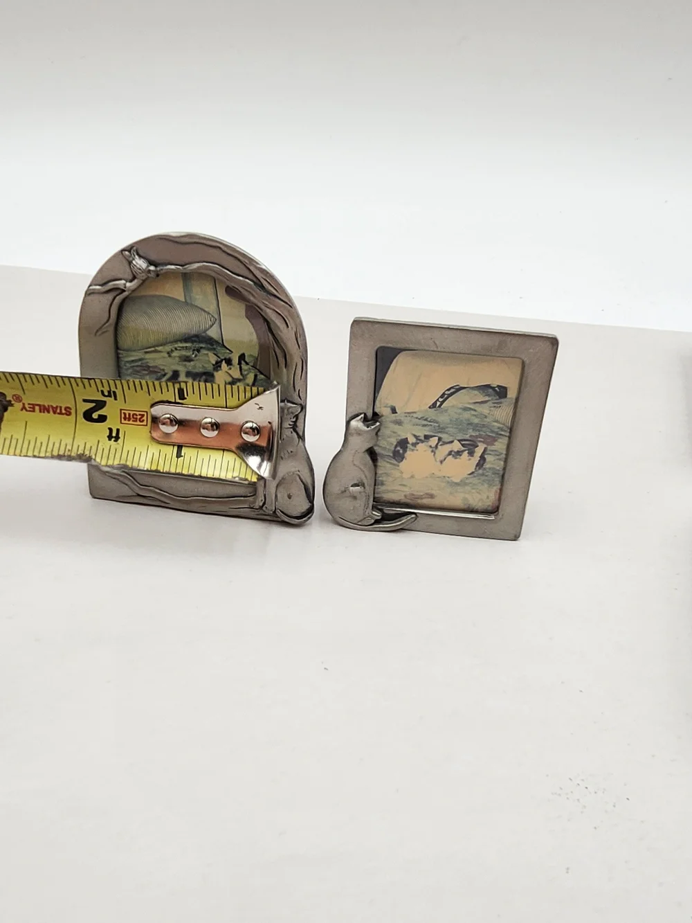 2 Vintage Pewter Silver Cat Mini Picture Frame Pair 2x3